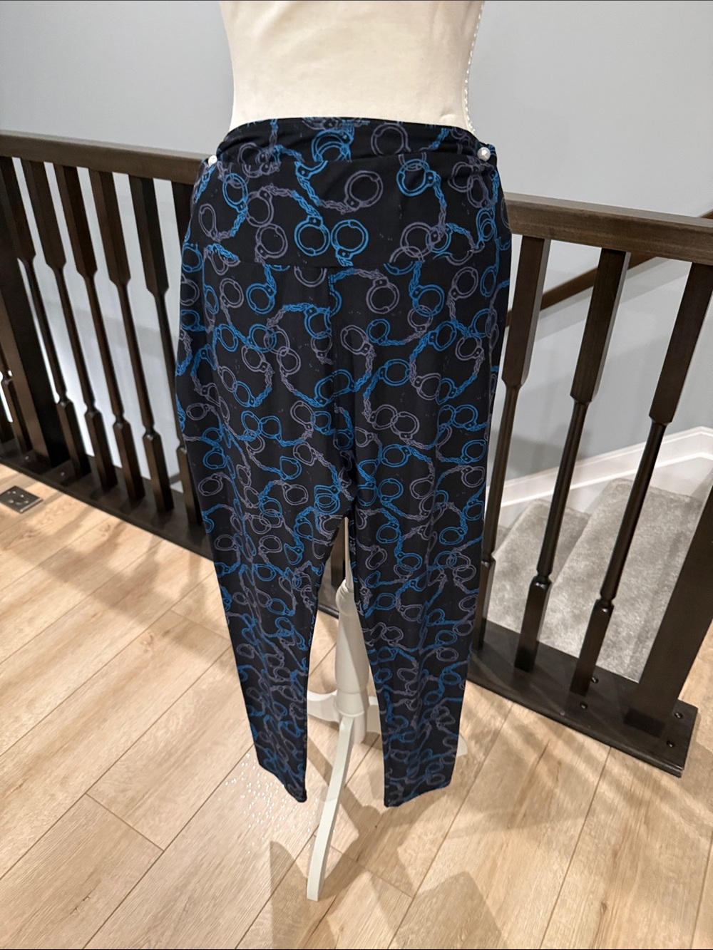 LuLaRoe Black Leggings with Blue and Gray Handcuff Pattern